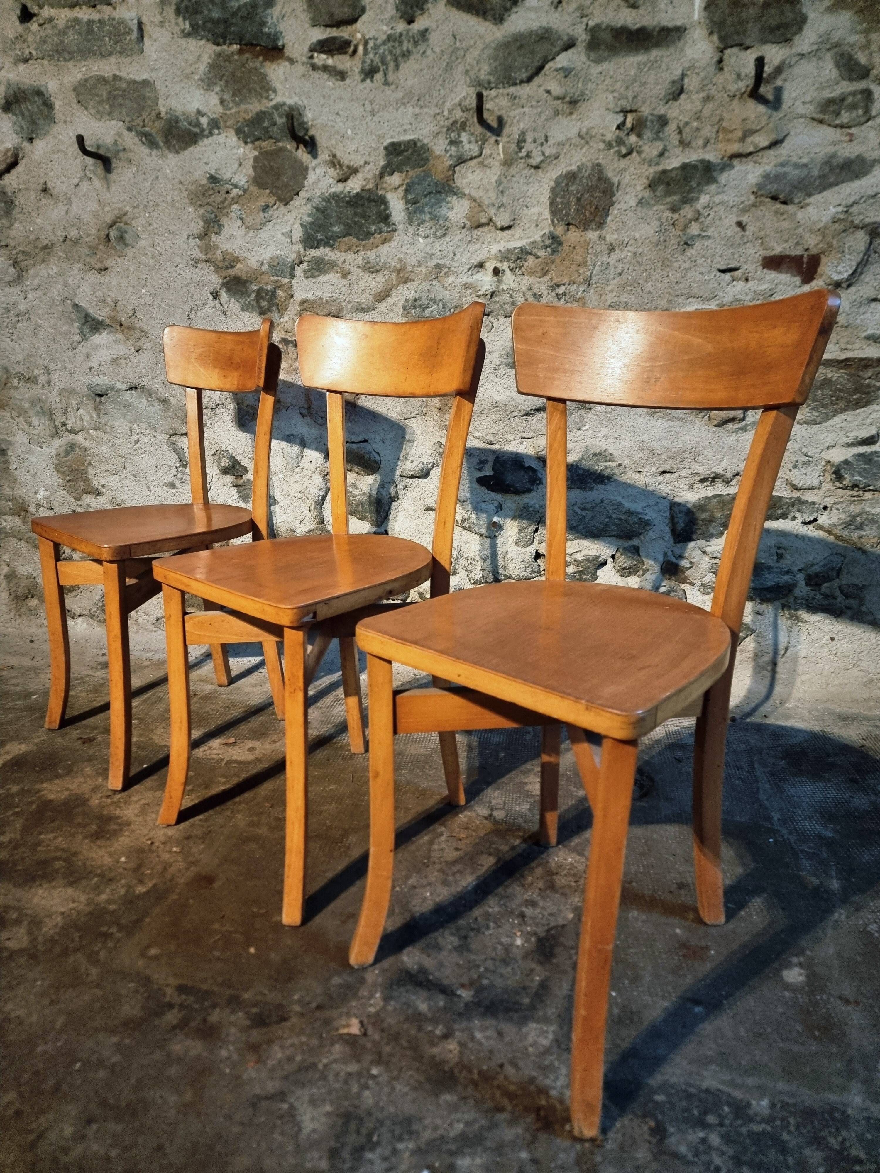 Vintage French bistro chairs in beech – Set of 3, 1950s café chairs