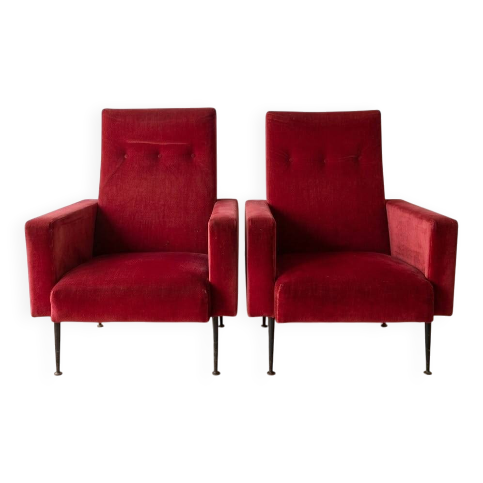 Pair of vintage 70s armchairs in red velvet