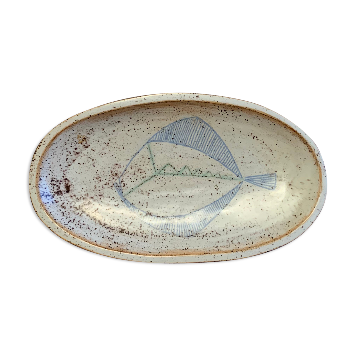 Terracotta /sandstone dish signed with fish drawing