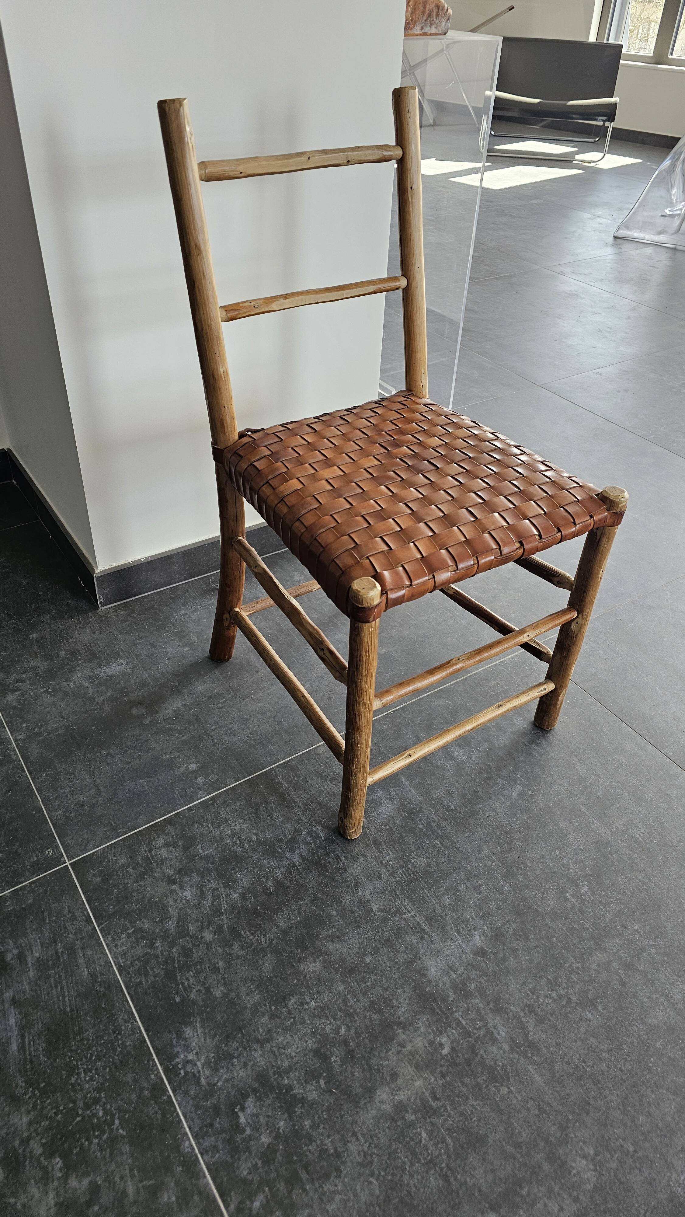Chestnut chair, woven leather seat