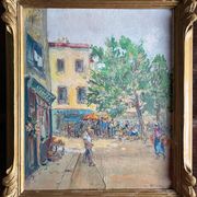 Sunny terrace table on market day signed (Ch. Blondel?)