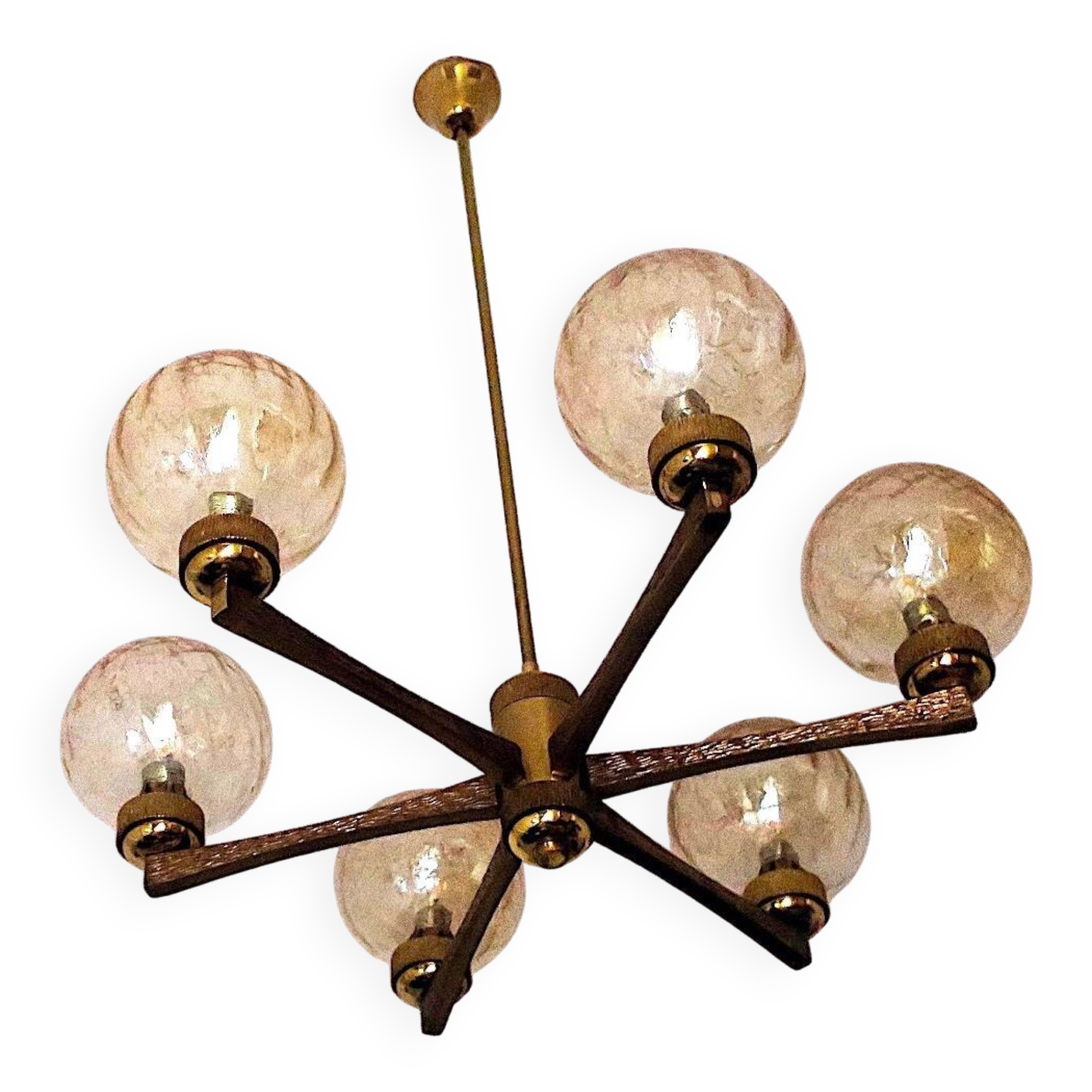 Angelo Brotto gold-plated brass chandelier with 6 globes, Italy 1960s