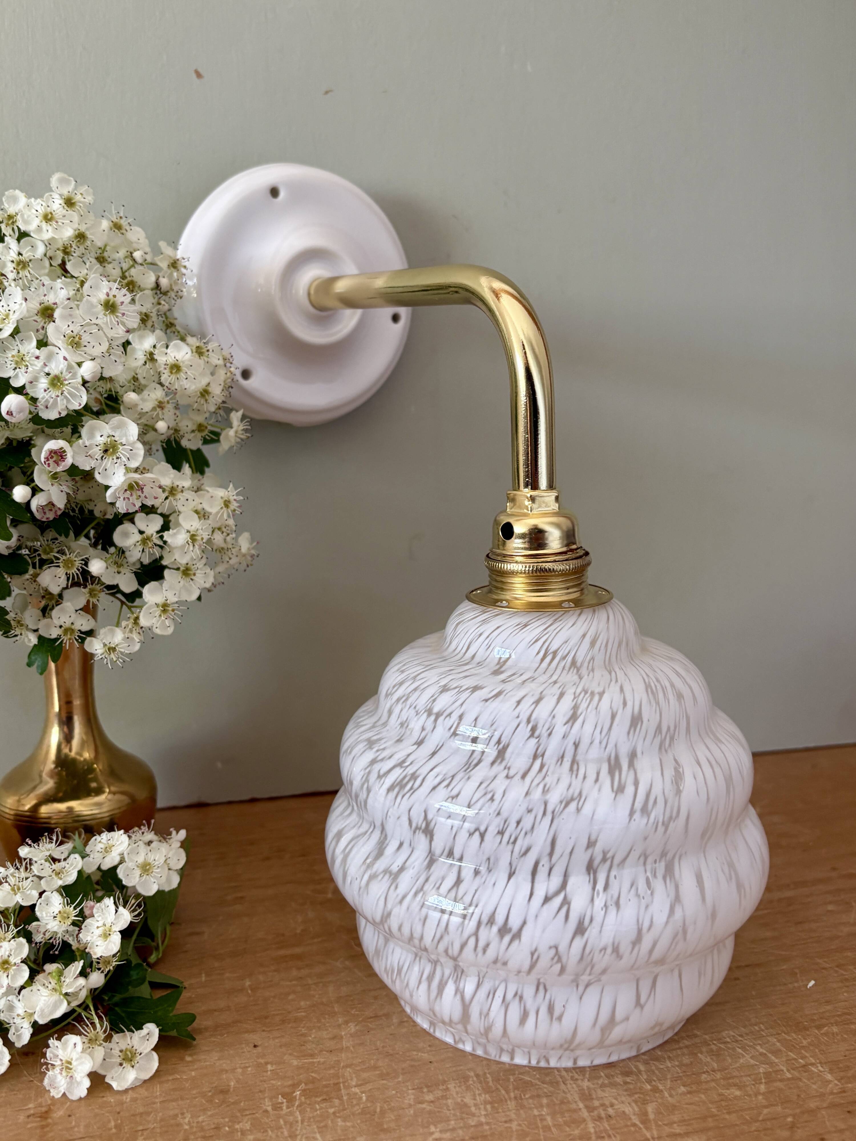 Vintage globe wall light in white Clichy glass