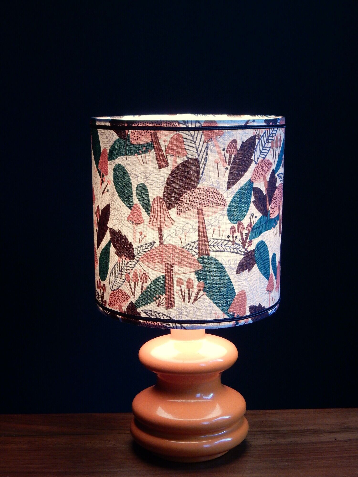 Mushroom lampshade and vintage orange glass lamp foot