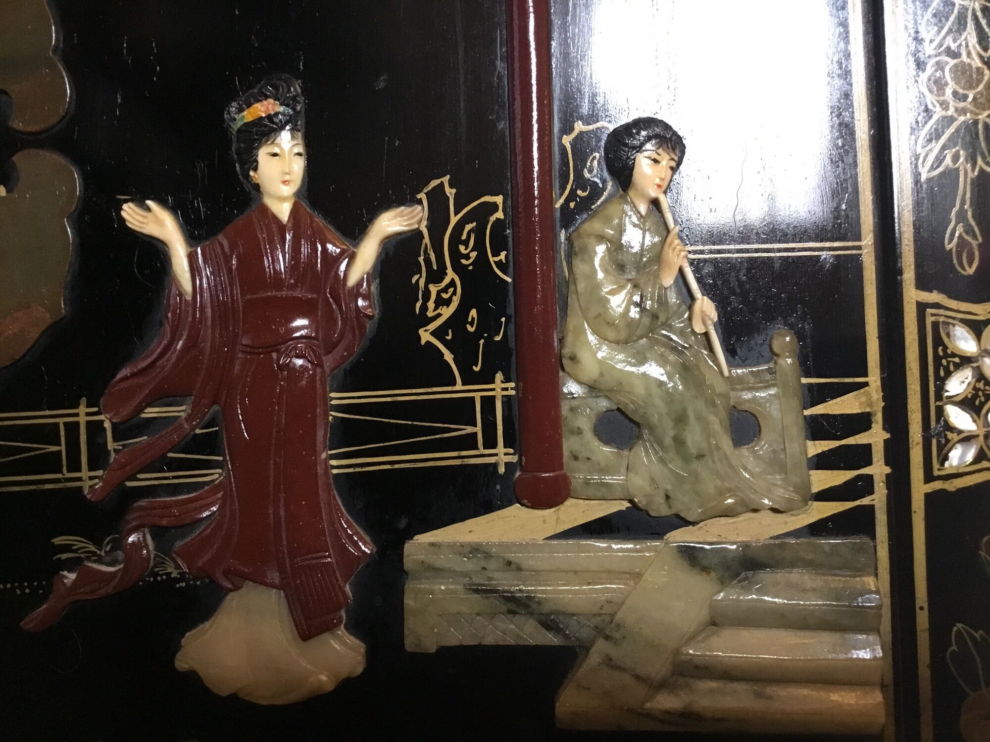 Asian laque furniture embossed motifs mother-of-pearl, stone and other