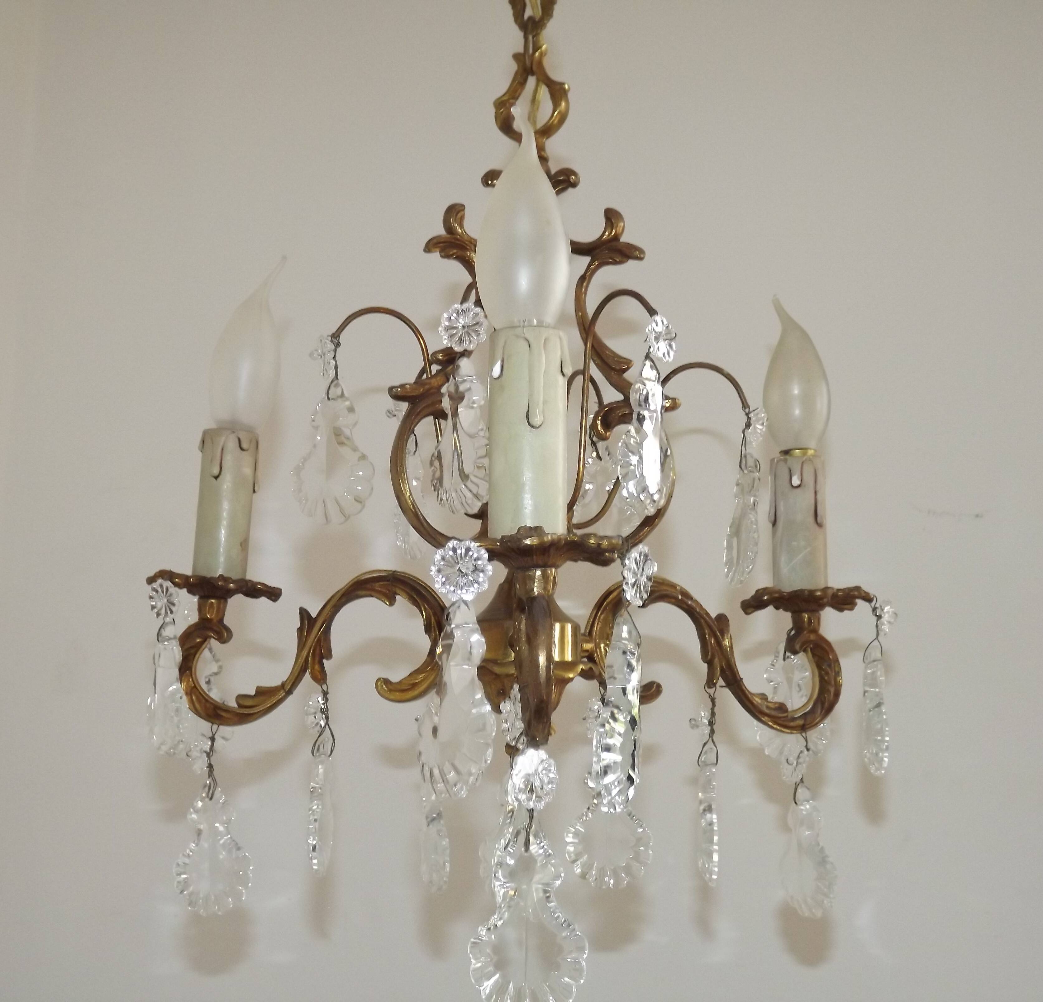 Chandelier en cage en bronze et cristal à 3 lumières Acanthus Art Nouveau français