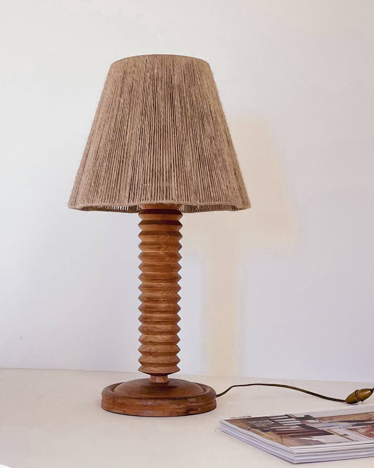 Turned wood lamp and jute lampshade