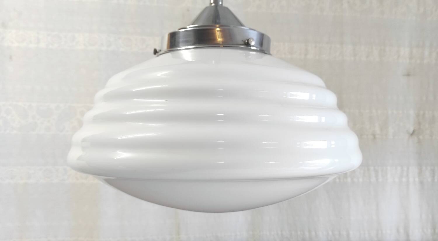 Bauhaus pendant light in chrome metal and opaline globe - 1950s
