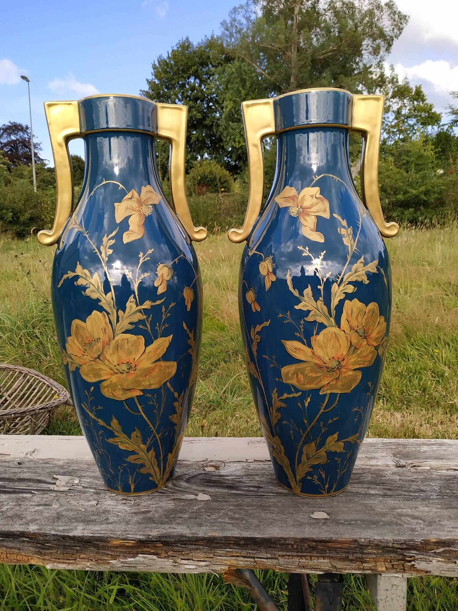 Pair of large vases Jaget and Pinon decoration with poppies 1920