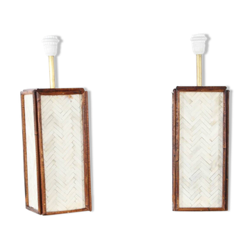 Paire de lampes en os et rotin