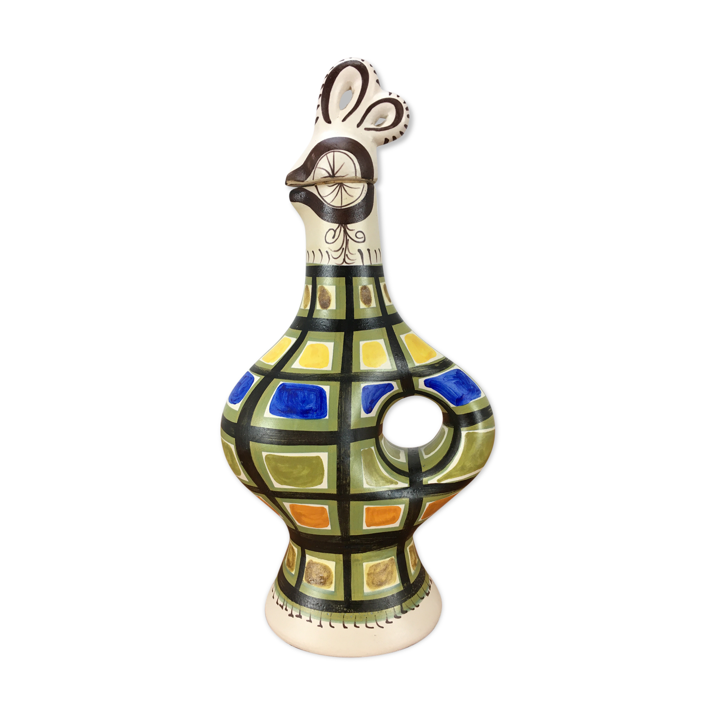 50s André L'Helguen ceramic rooster bottle for Keraluc Quimper