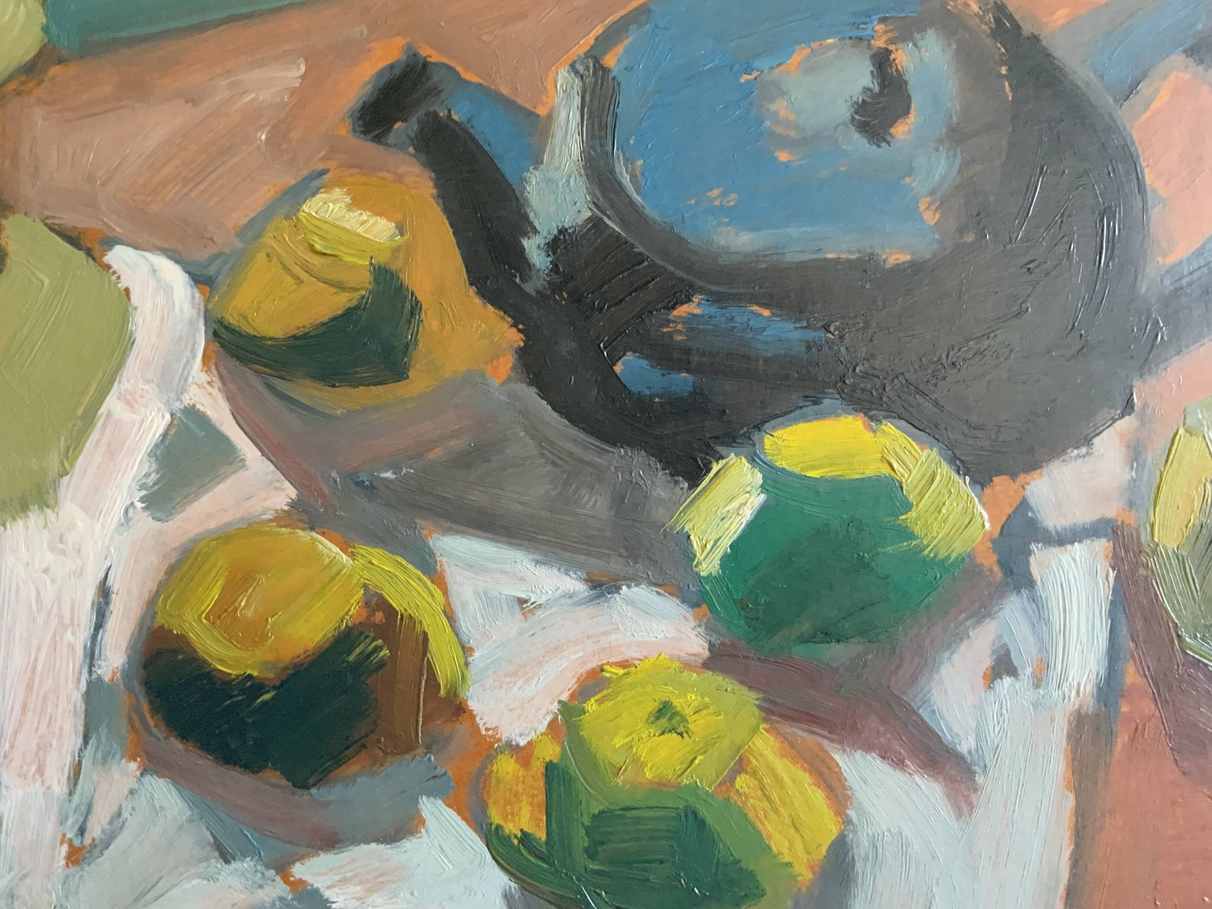 Original Modernist artwork still life with fruits and blue teapot 1950s