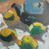 Oeuvre moderniste originale nature morte avec des fruits et une théière bleue des années 1950