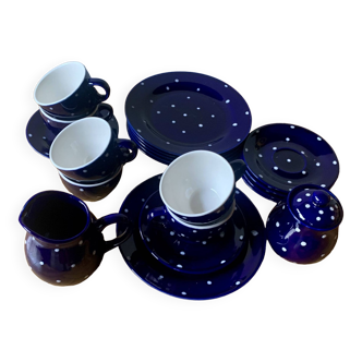 Service à café et dessert vintage bleu nuit à pois blancs - Céramique vernissée Feinsteinzeug