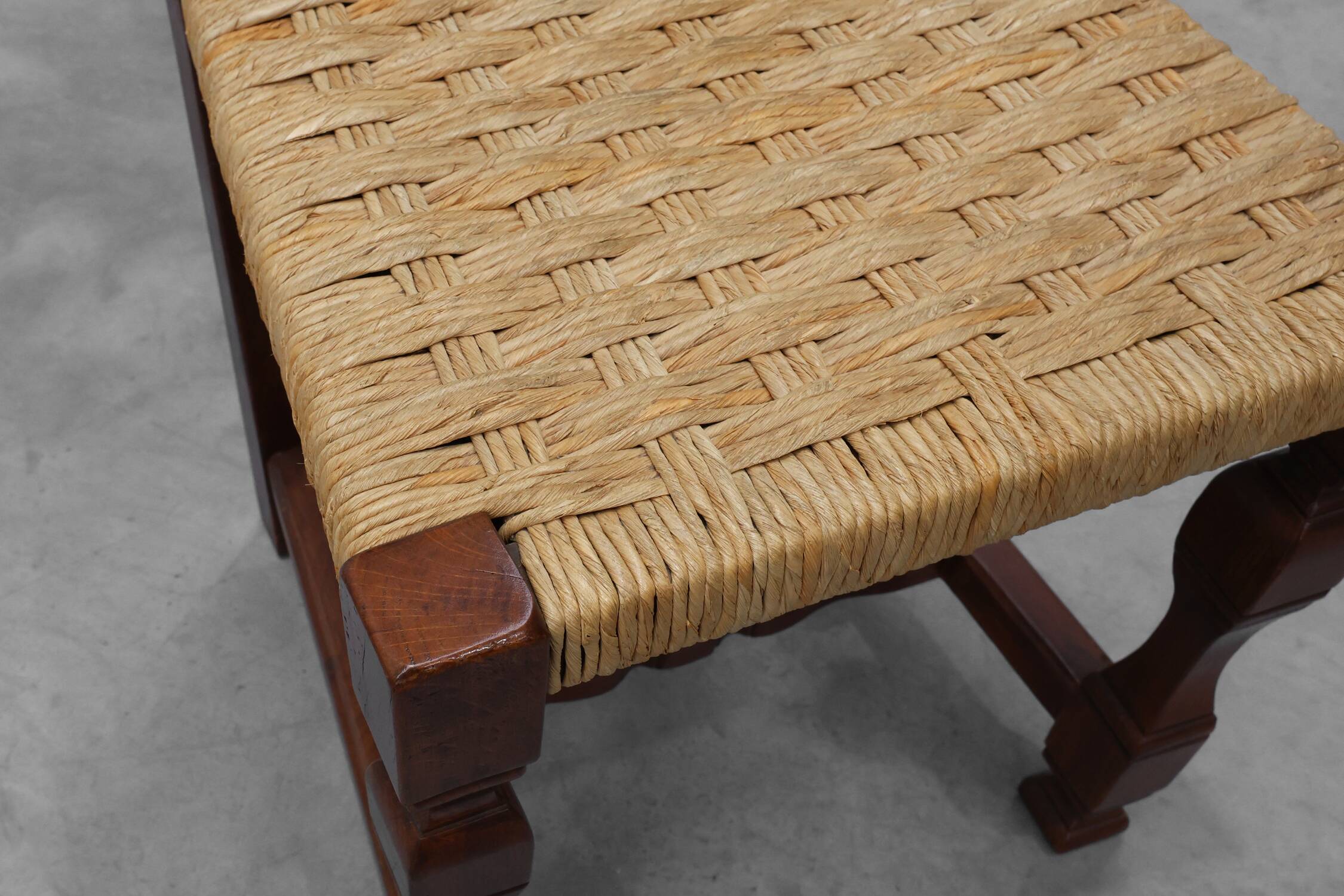 Set of 8 Brutalist Mid-Century Chairs in Wood and Wicker, Belgium ca. 1970