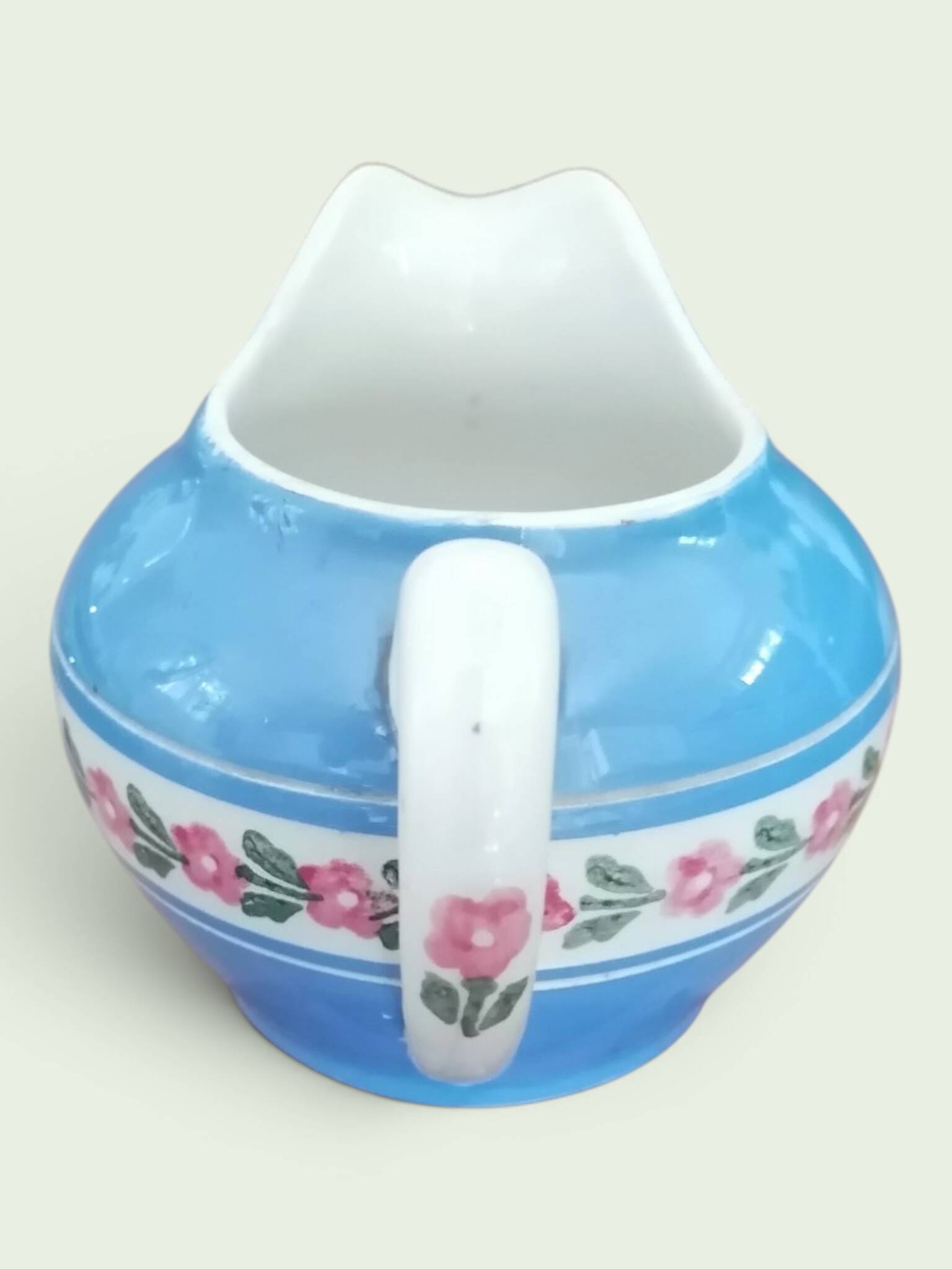 Service à thé en faience ancienne bleu et rose. Sarreguemine 1950