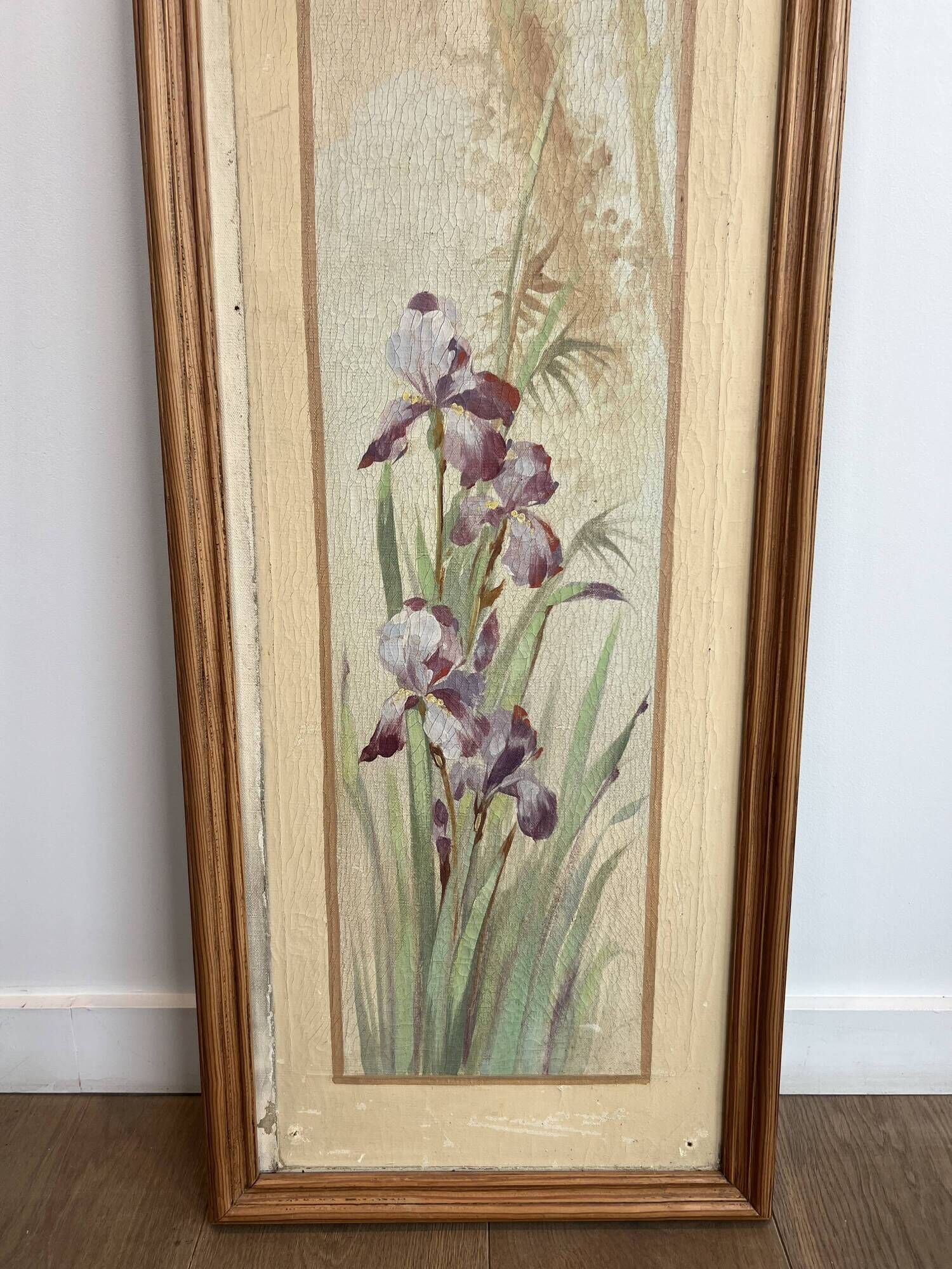 Pair of Art Nouveau Decorative Panels with Purple and Yellow Irises. Work