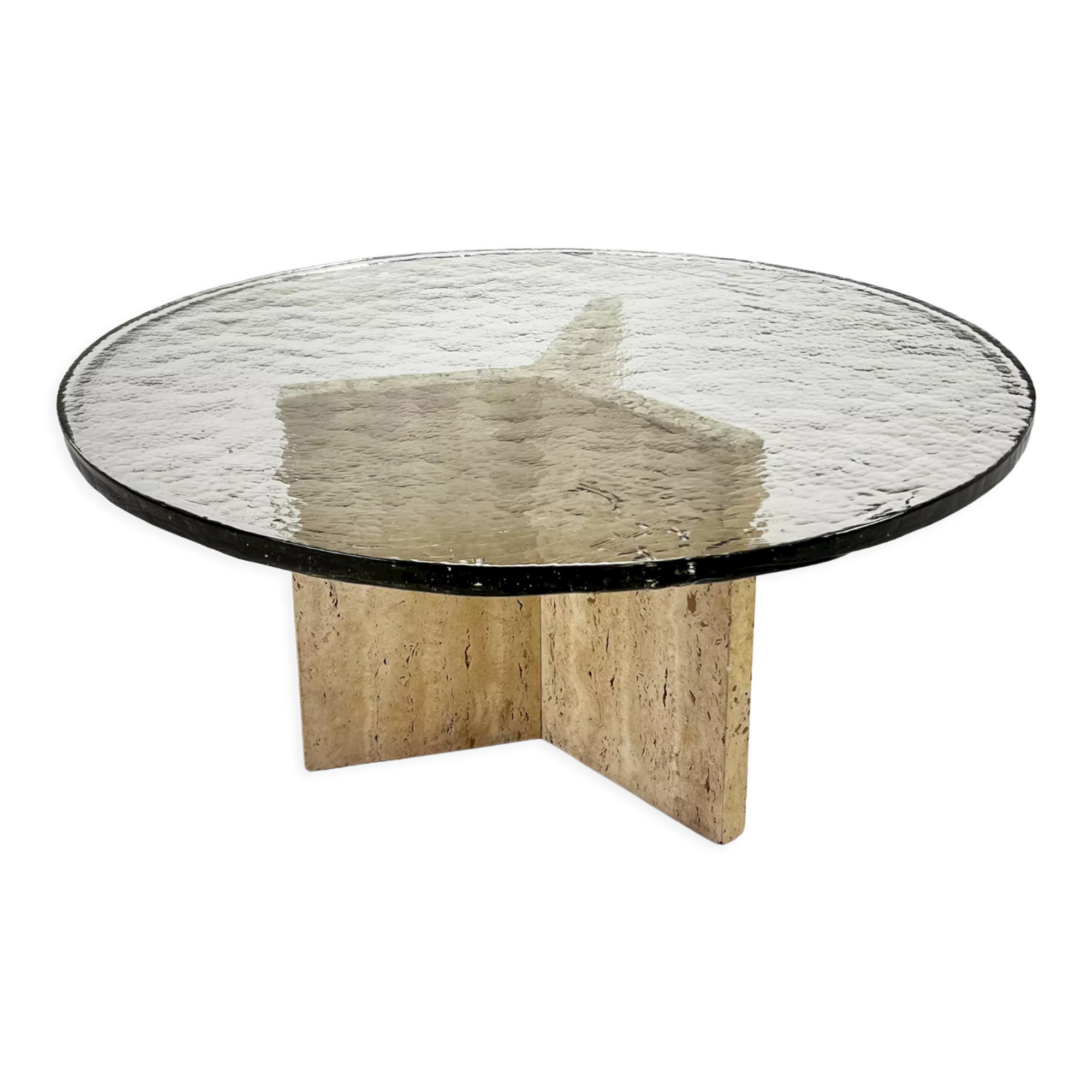 Mid Century Handmade Glass Coffee Table with Travertine Base, 1960s