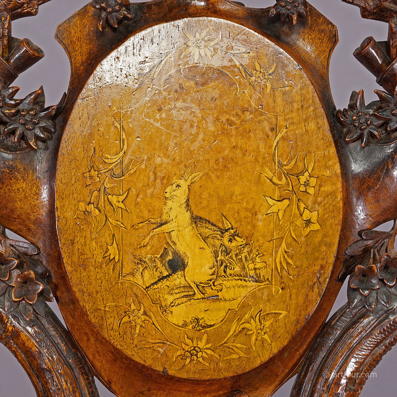 Pair of walnut chairs with Edelweiss marquetry, Brienz Switzerland 1900