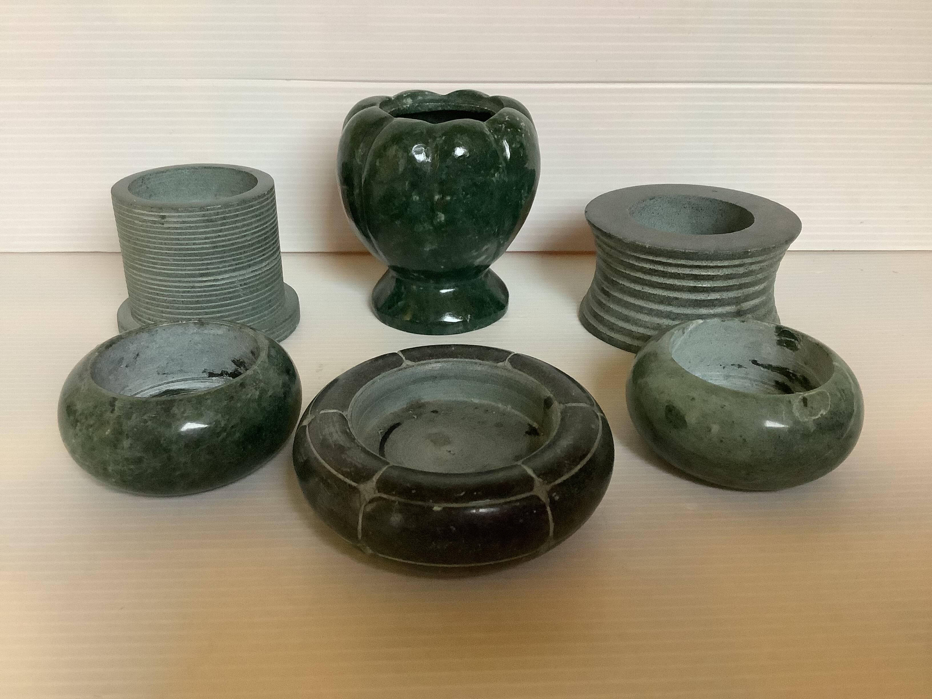 Six green marble candle holders