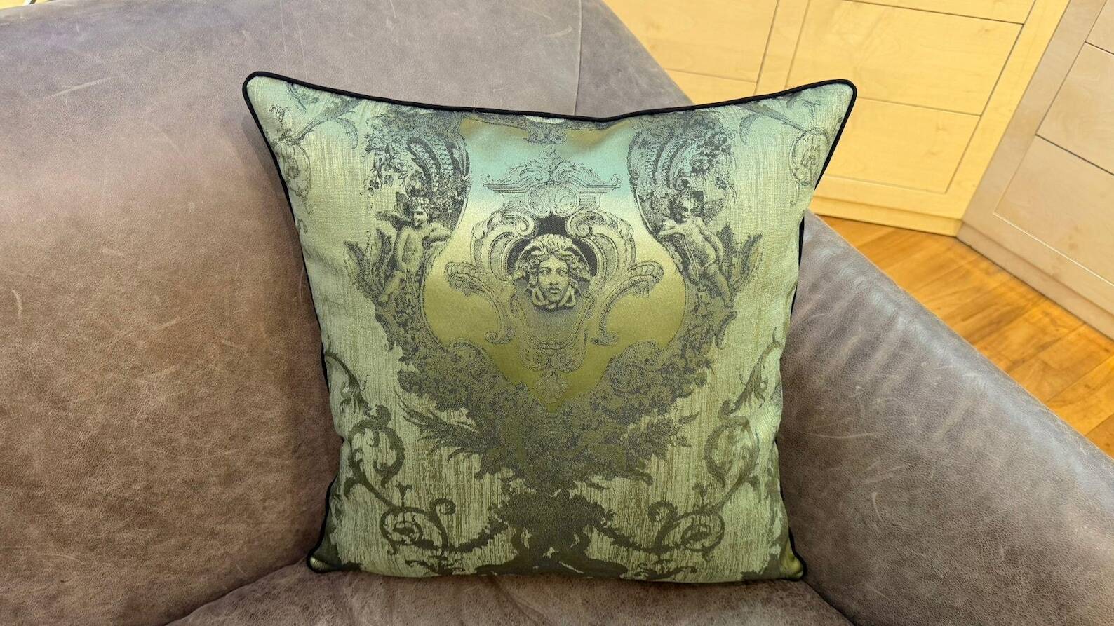 Neoclassical Medusa Medallion Cushion, Black Piped Jacquard Pillow Cover