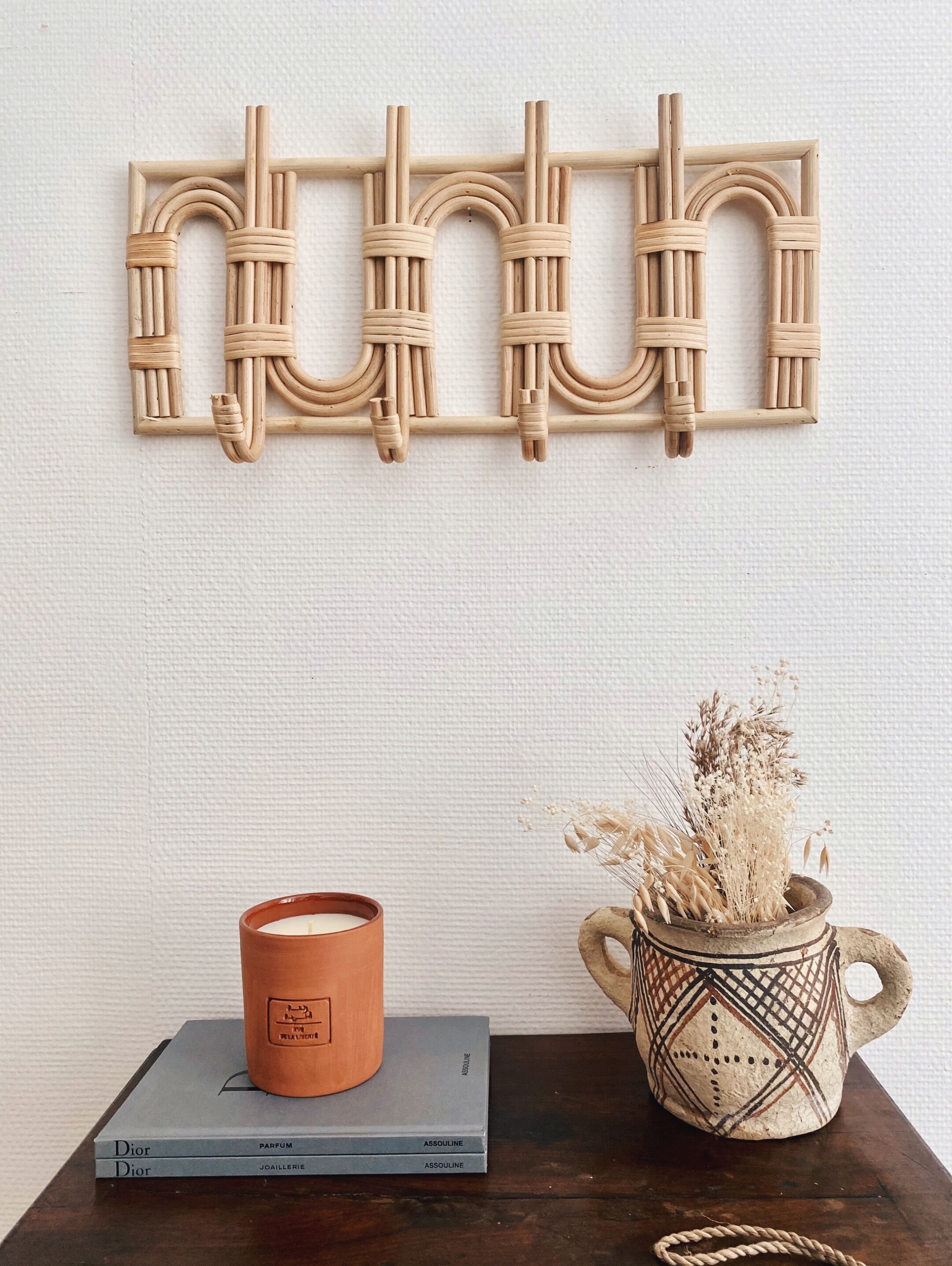 Patère coat holder in vintage can rattan canning bohemian rainbow