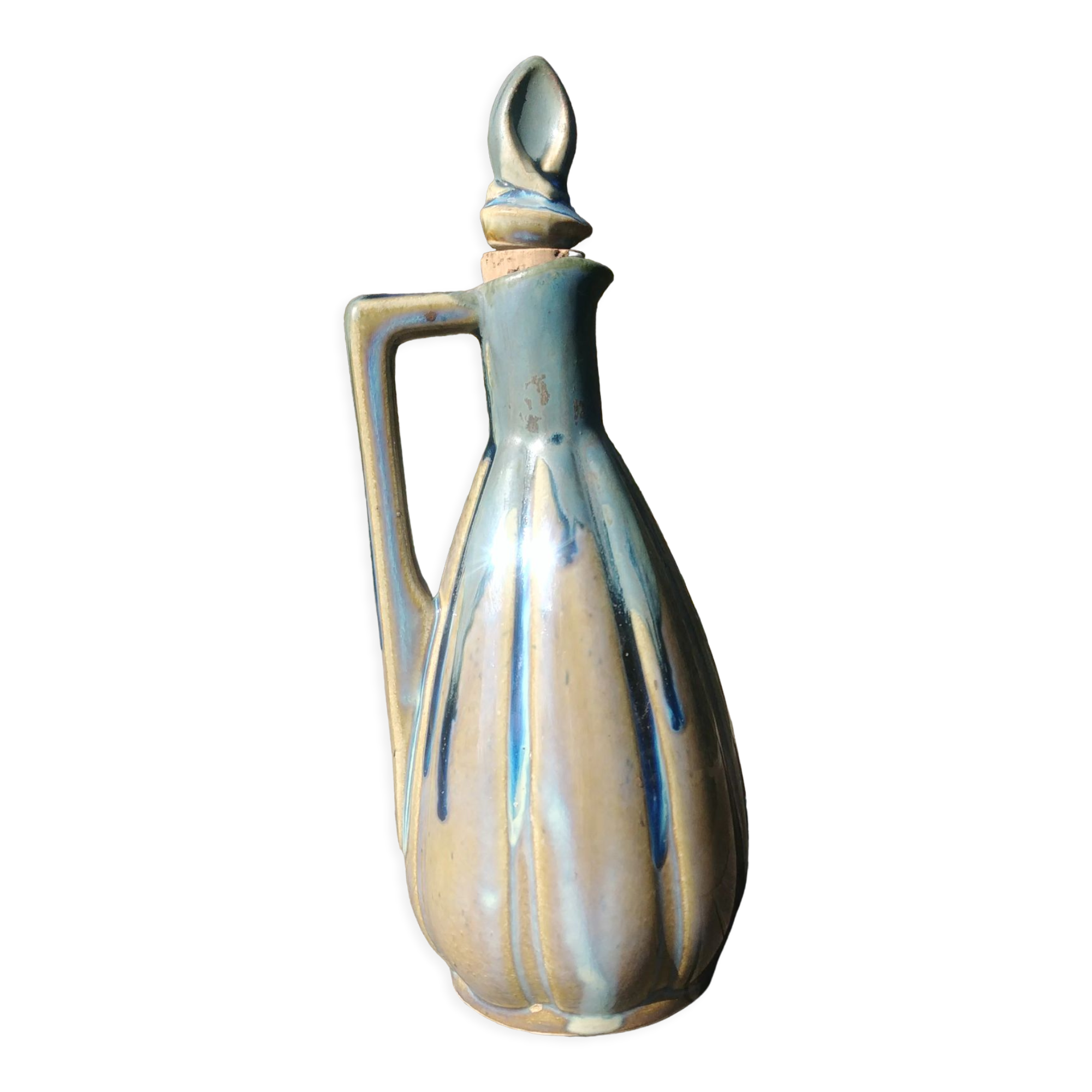 Pitcher/carafe old glazed ceramic La Borne style blue/beige