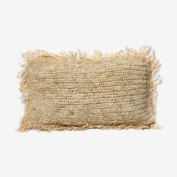 Square cushion in raffia jute braided bohemian fringed finish 30 x 50 cm