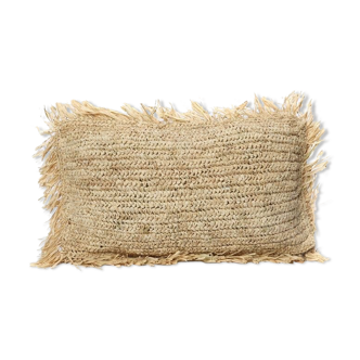 Square cushion in raffia jute braided bohemian fringed finish 30 x 50 cm
