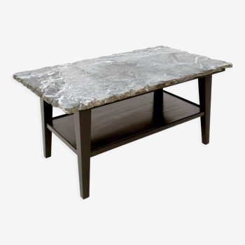 Vintage Ebonized Wood Coffee Table with a Green Alps Marble Top, Italy