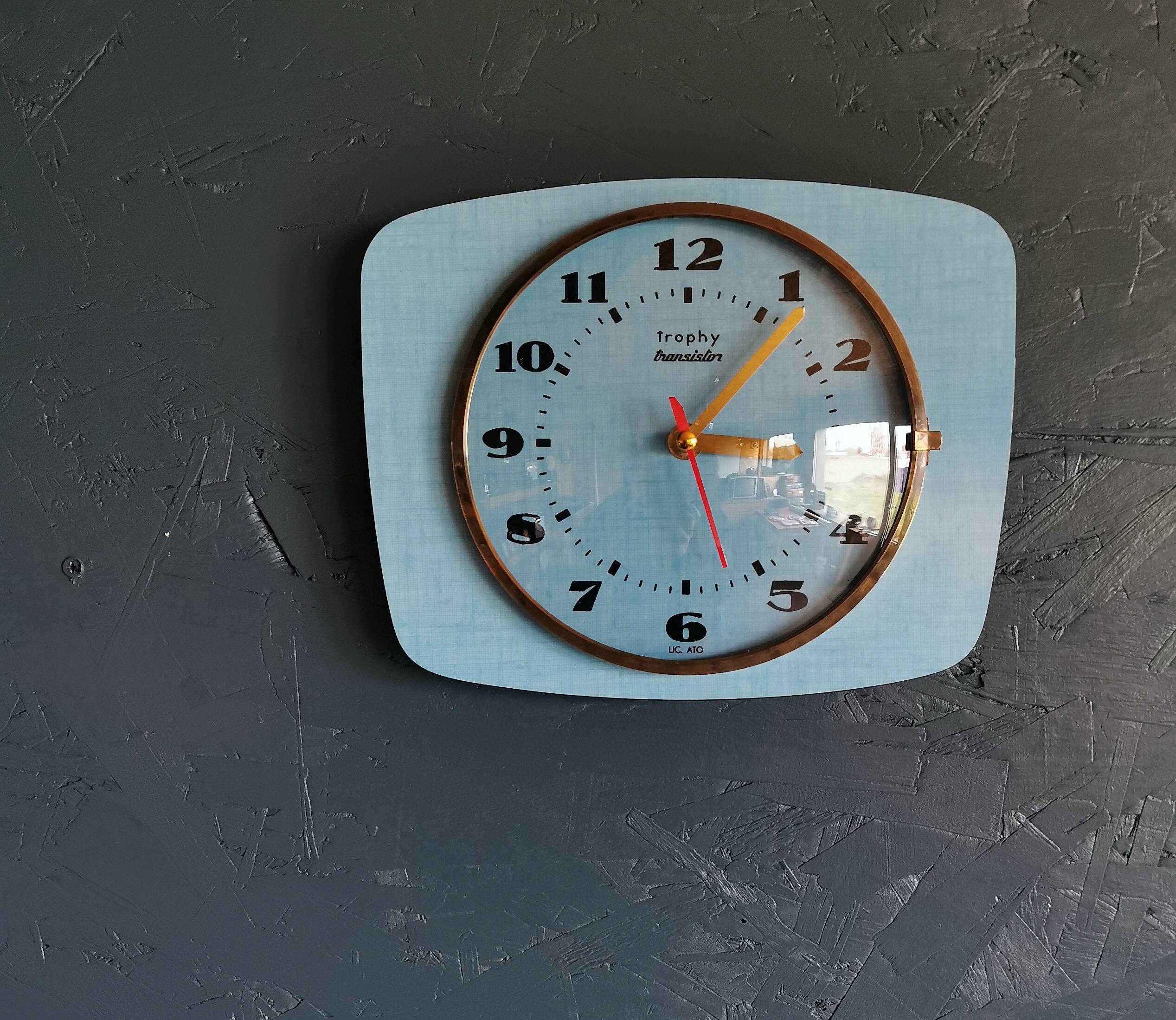 Vintage formica clock rectangular silent wall pendulum "Trophy blue"