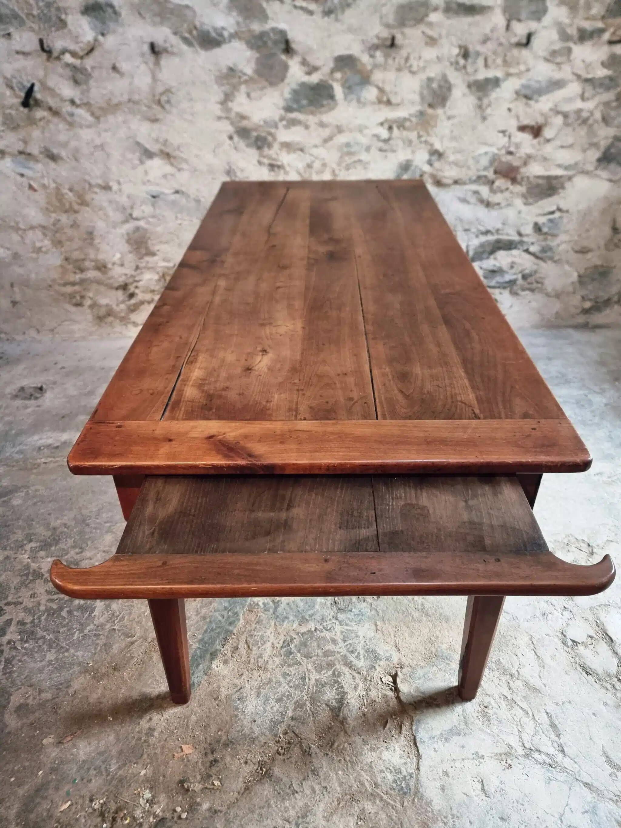 Antique French Farmhouse Table | 19th Century Cherry Wood Table with Drawer and Extension | 1880–1900 Rustic Kitchen