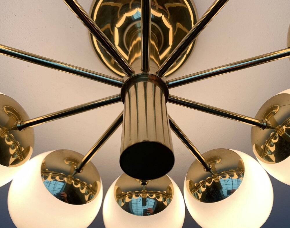 German brass ceiling lamp in mid-century modern space style by Kaiser Leuchten, 1960s.