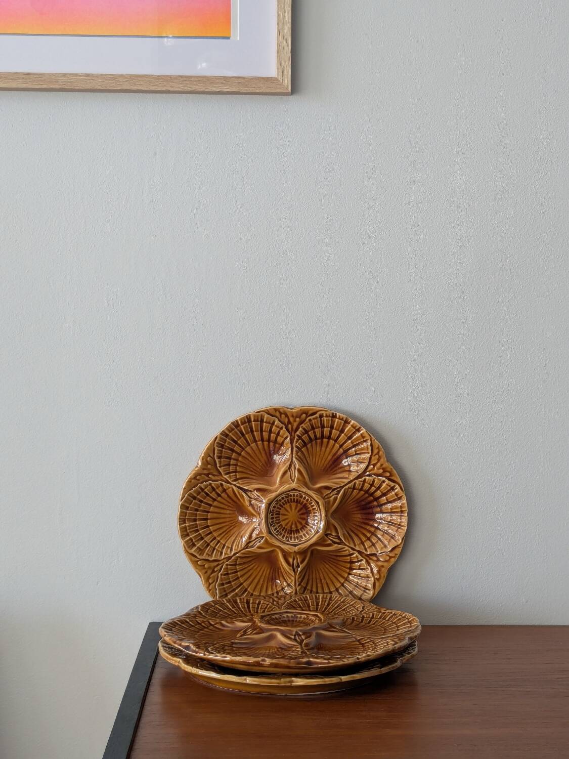 Set of 3 vintage brown Sarreguemines majolica oyster plates.