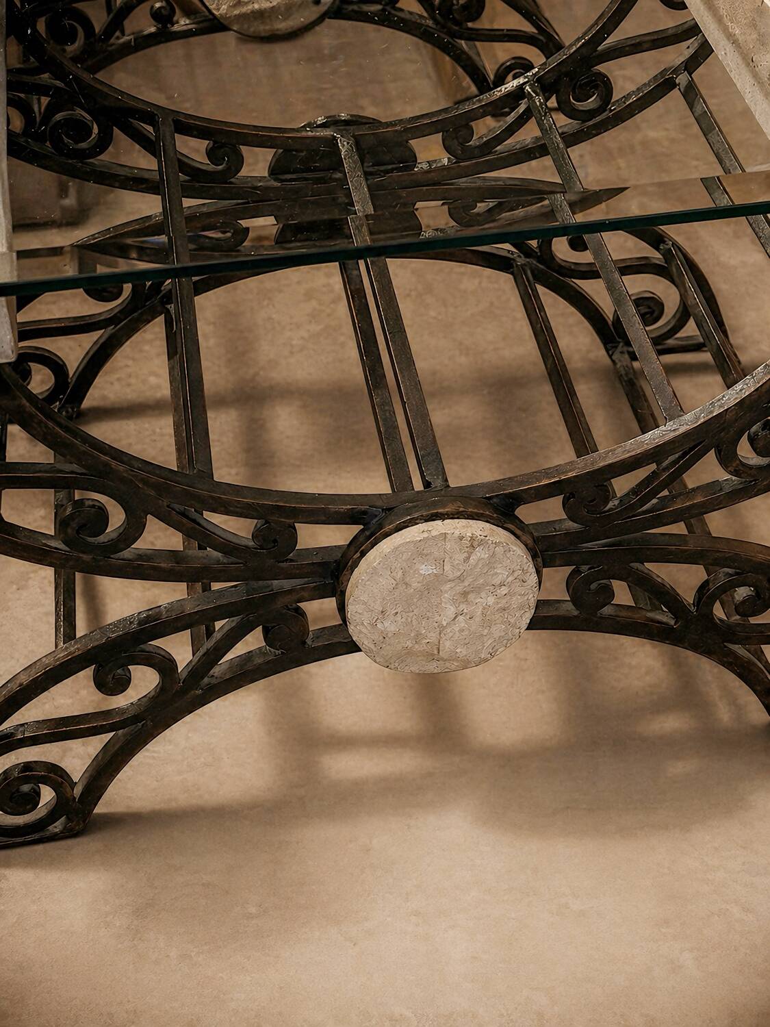 Travertine table with wrought iron, Italy circa 1980.
