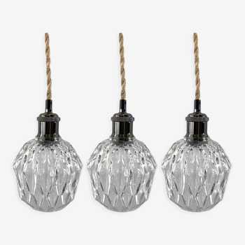 Set of three vintage electric chiseled glass walking lamps