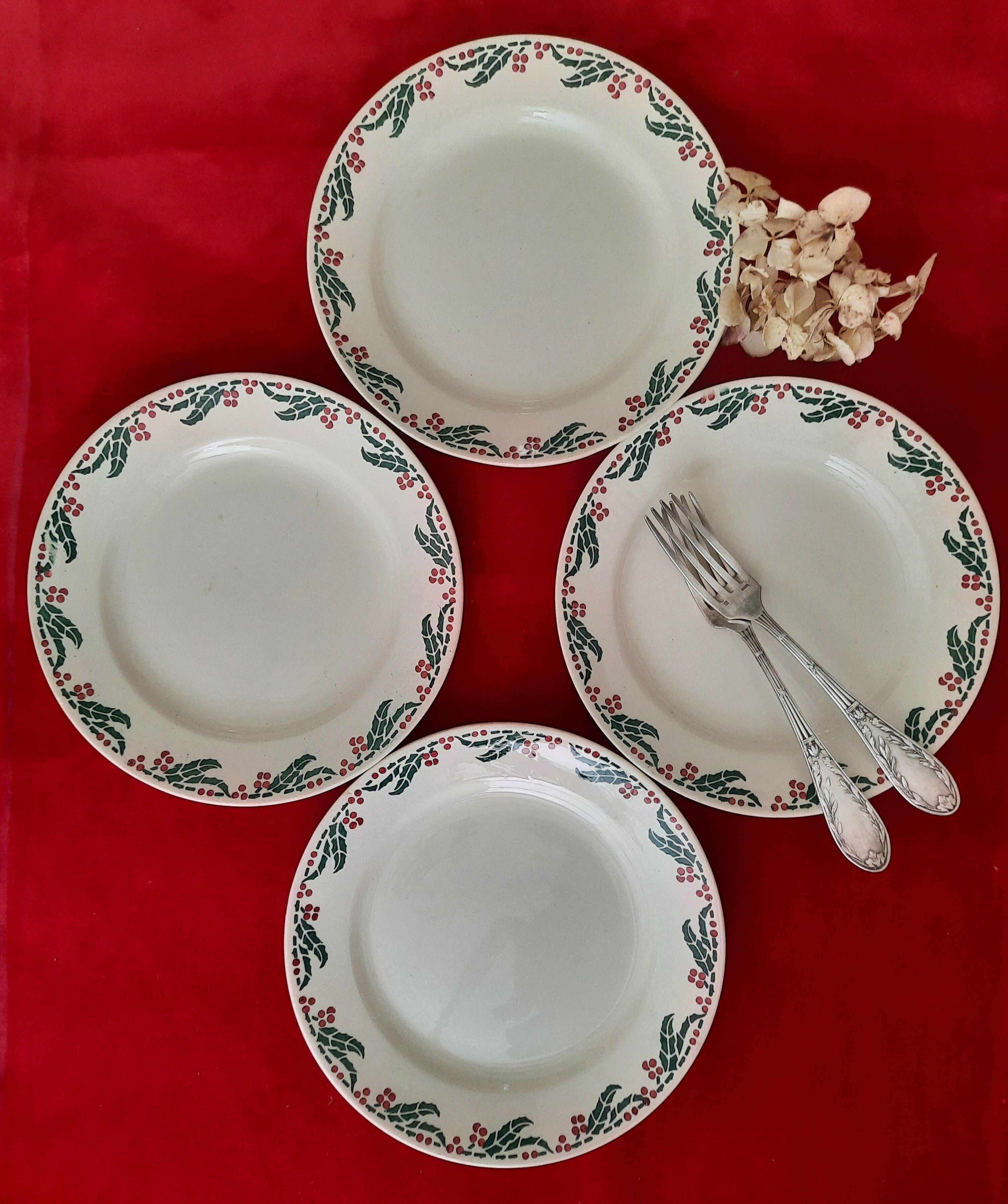 Flat, dessert, hollow plates and tureen in old earthenware