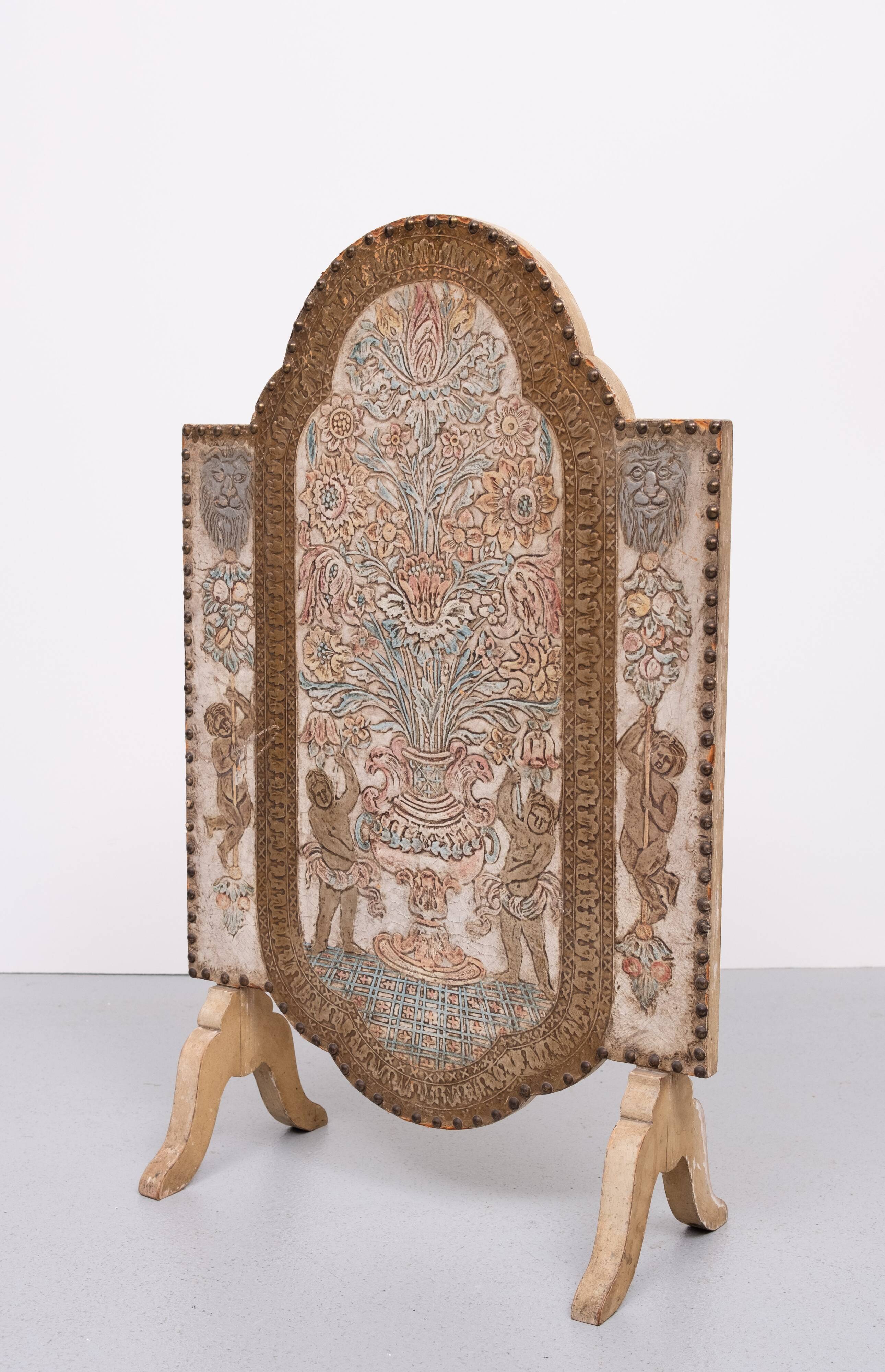 Embossed leather fire place screen 1950s italy