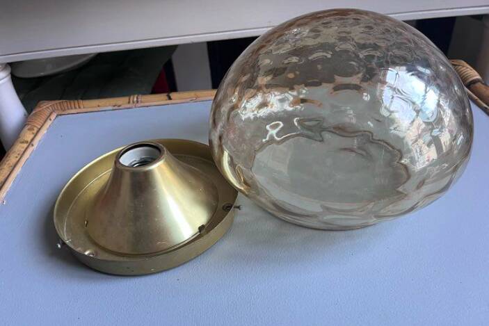Vintage 1970s RZB ceiling light with amber bubbled glass.
