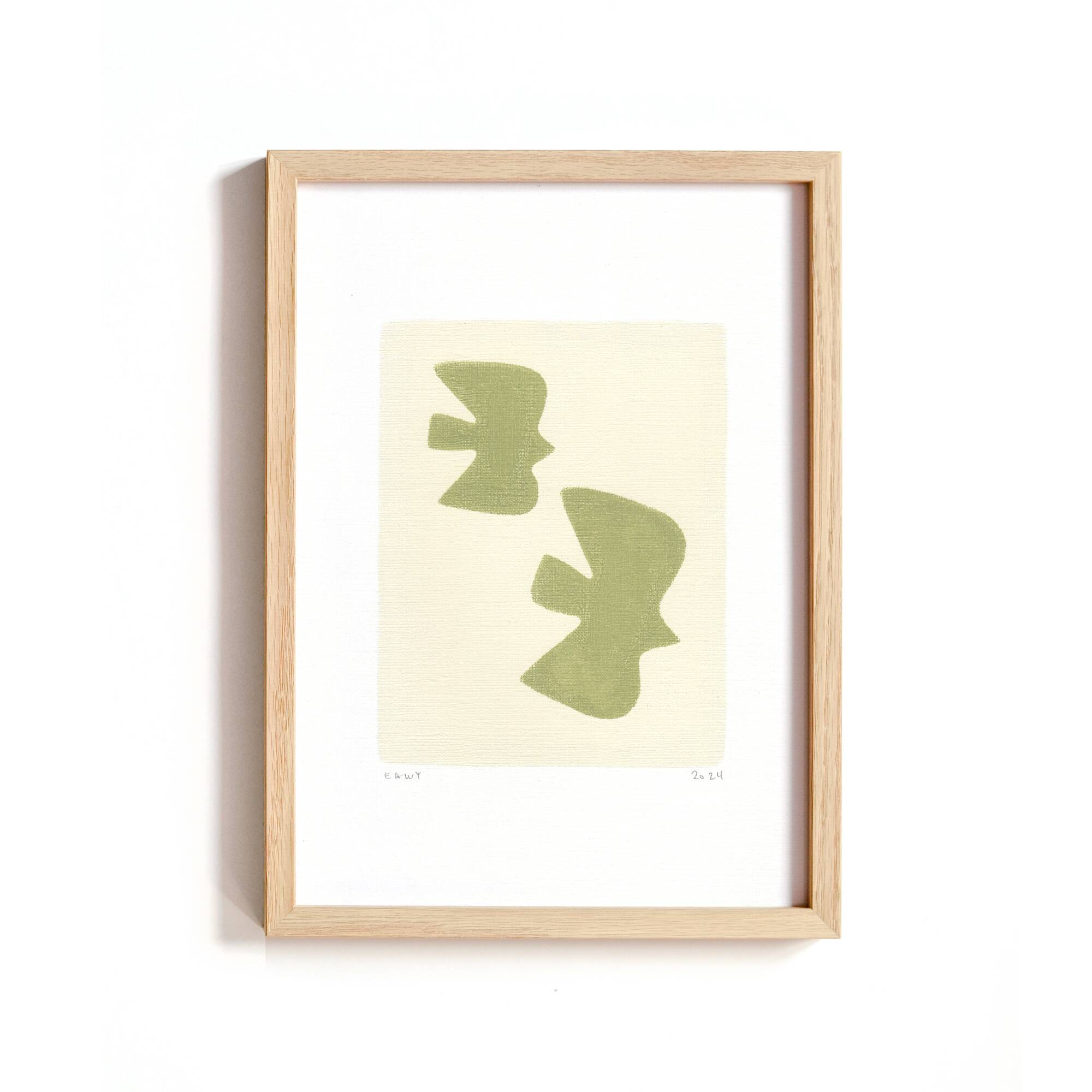 Painting on paper - Birds - Sage green - Signed EAwy