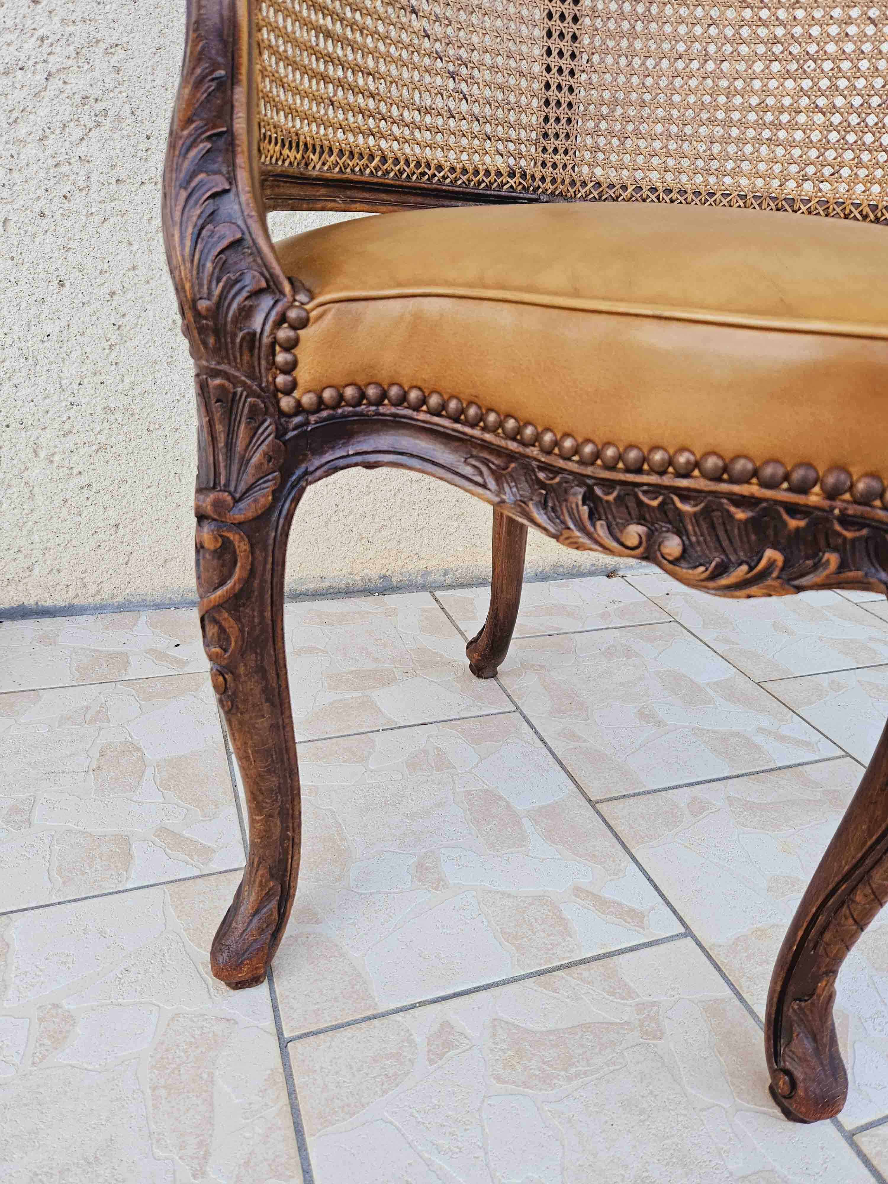 Louis xv office armchair, carved, cane, leather trimmed