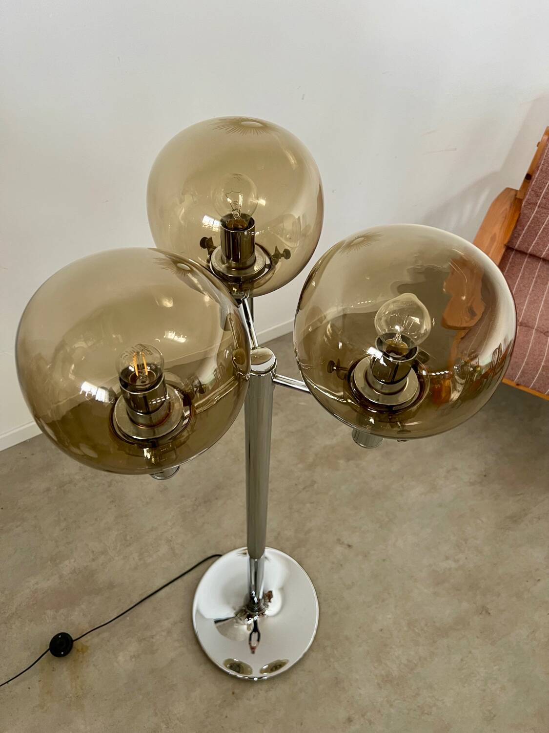 Old 3-light chrome and smoked glass floor lamp Italian design from the 70s vintage