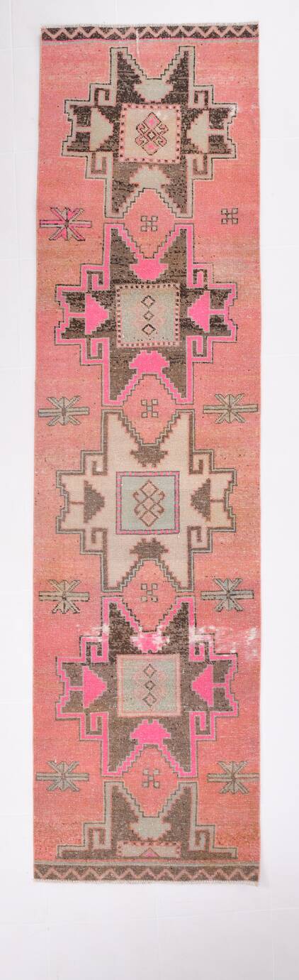3x10 Salmon & Brown Ikat Pattern Vintage Runner Rug, 82x312Cm