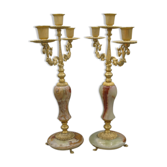 Paire de chandeliers des années 1950 onyx et laiton
