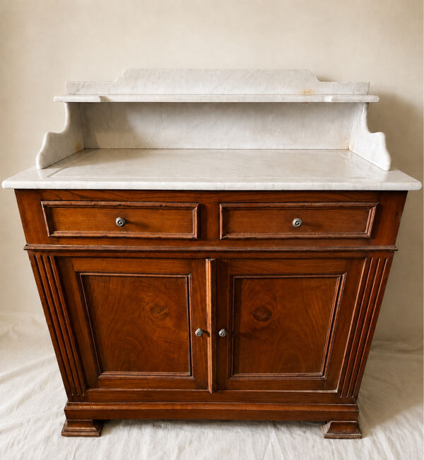 Meuble ancien en bois, marbre blanc–coiffeuse, console, meuble toilett