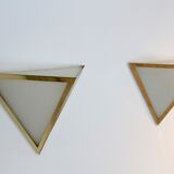 Set of brass & opal glass triangle wall sconces from Glashütte Limburg, Germany 1970