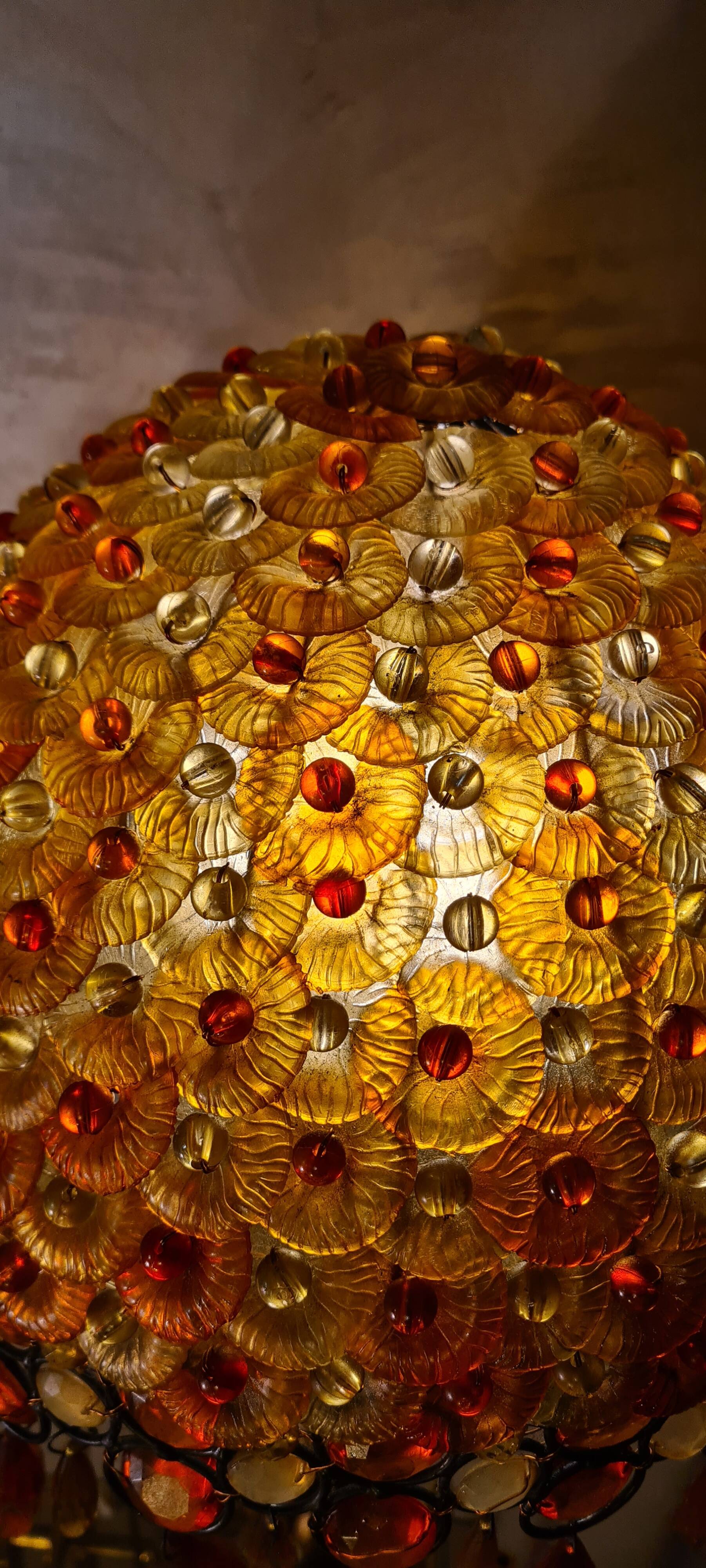 1970 lamp, patinated painted wood, and amber acrylic lampshade 70x28 elec ok;