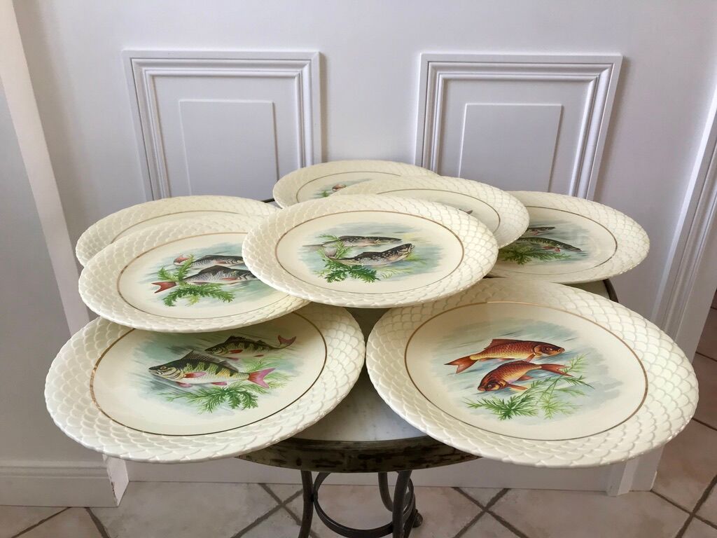 lot of 8 flat plates Gien fish 50s