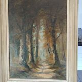 huile sur toile ancadrée XXème Chemin en sous bois