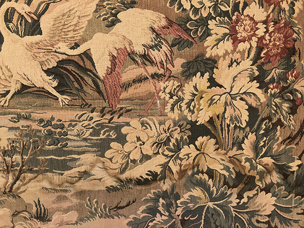 Tapestry decorated with waders, waterfront and greenery
